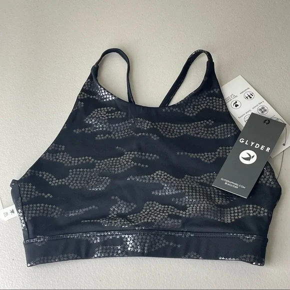 GLYDER NWT COMPLEX STRAPPY BACK SPORTS BRA BLACK CAMO STAR SILVER SMALL - Picture 3 of 6